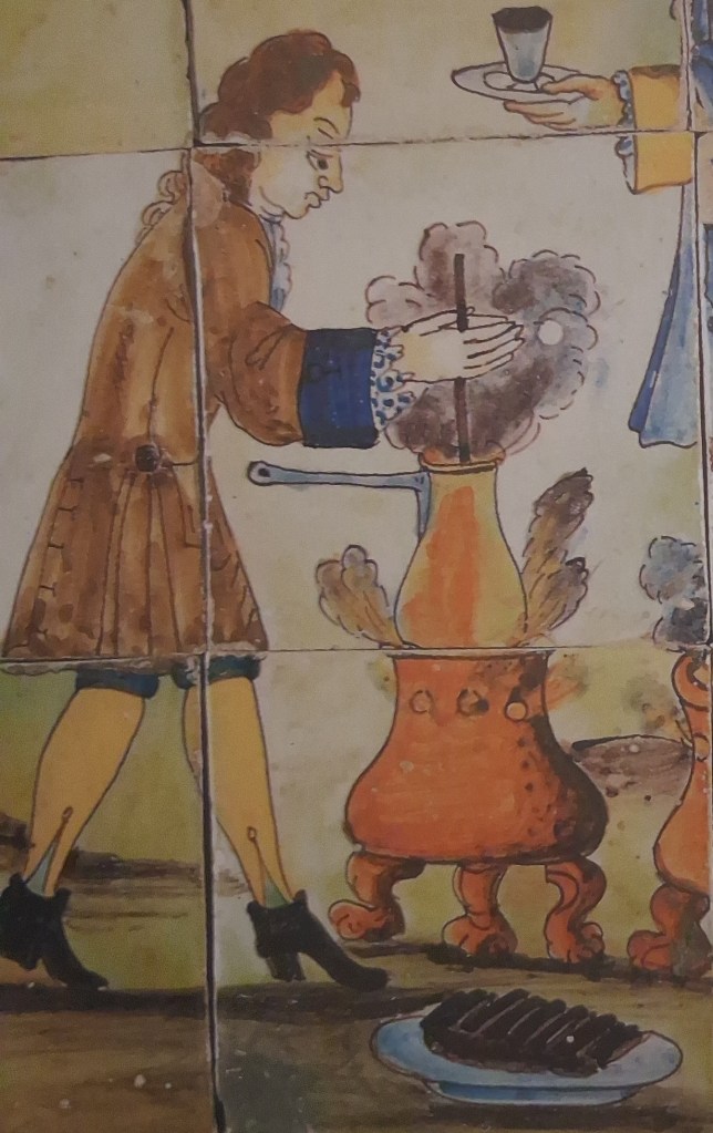 The required constant whisking is necessary as the chocolate is boiling. Detail from an early 18th-century painted tile panel depicting a chocolatada in Valencia. Museu de Ceramica, Barcelona. 
